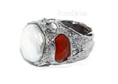 RMB|925: Adjustable Women's Ring handmade with natural gems and true red coral round bead