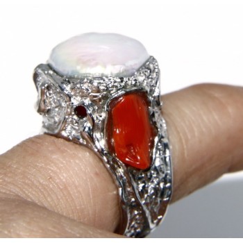 RMB|925: Adjustable Women's Ring handmade with natural gems and true red coral round bead