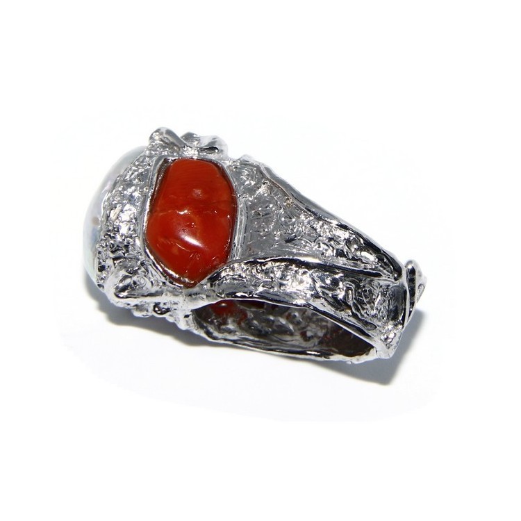 RMB|925: Adjustable Women's Ring handmade with natural gems and true red coral round bead