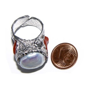 RMB|Argento 925 : Anello donna regolabile realizzato a mano con gemme di corallo rosso verace naturale e perla tonda