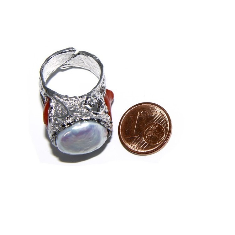 RMB|Argento 925 : Anello donna regolabile realizzato a mano con gemme di corallo rosso verace naturale e perla tonda