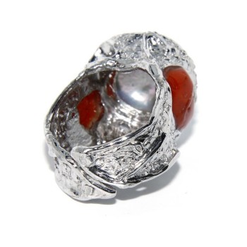 RMB|Argento 925 : Anello donna regolabile realizzato a mano con gemme di corallo rosso verace naturale e perla tonda