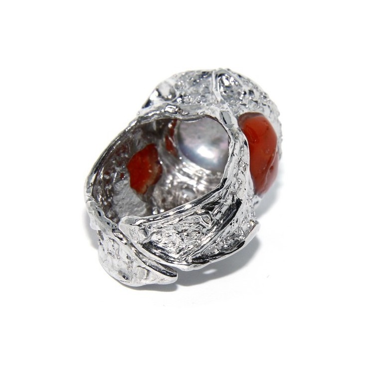 RMB|925: Adjustable Women's Ring handmade with natural gems and true red coral round bead