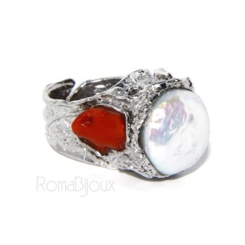 RMB|Argento 925 : Anello donna regolabile realizzato a mano con gemme di corallo rosso verace naturale e perla tonda