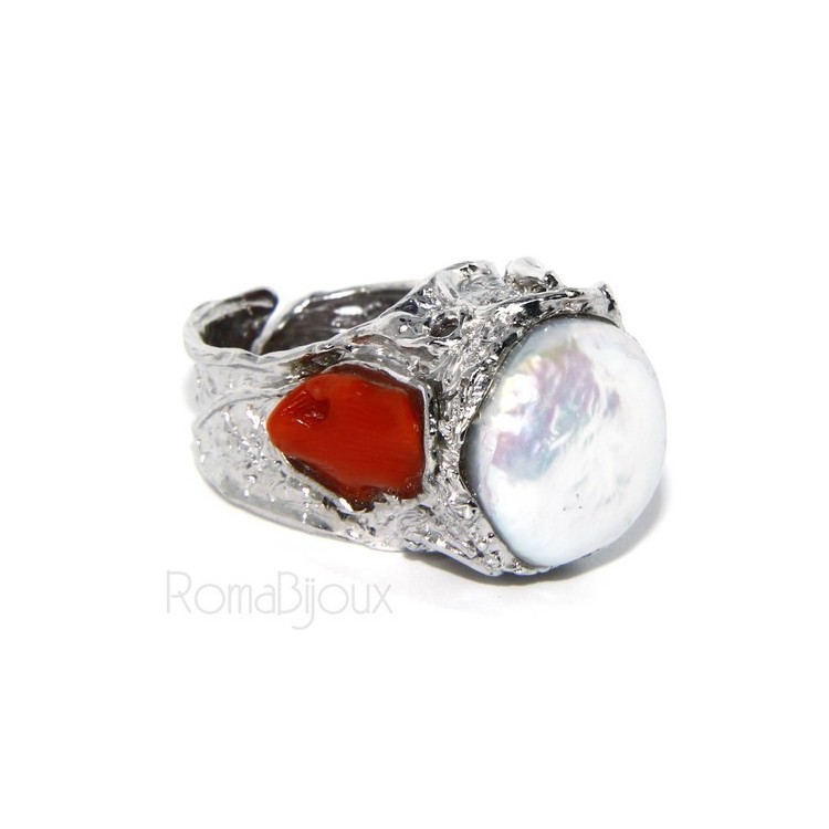RMB|Argento 925 : Anello donna regolabile realizzato a mano con gemme di corallo rosso verace naturale e perla tonda