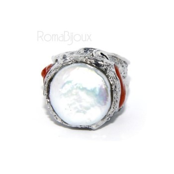 RMB|925: Adjustable Women's Ring handmade with natural gems and true red coral round bead