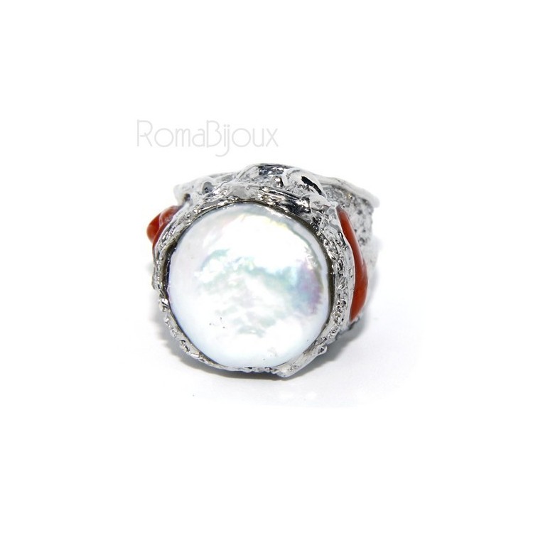 RMB|925: Adjustable Women's Ring handmade with natural gems and true red coral round bead