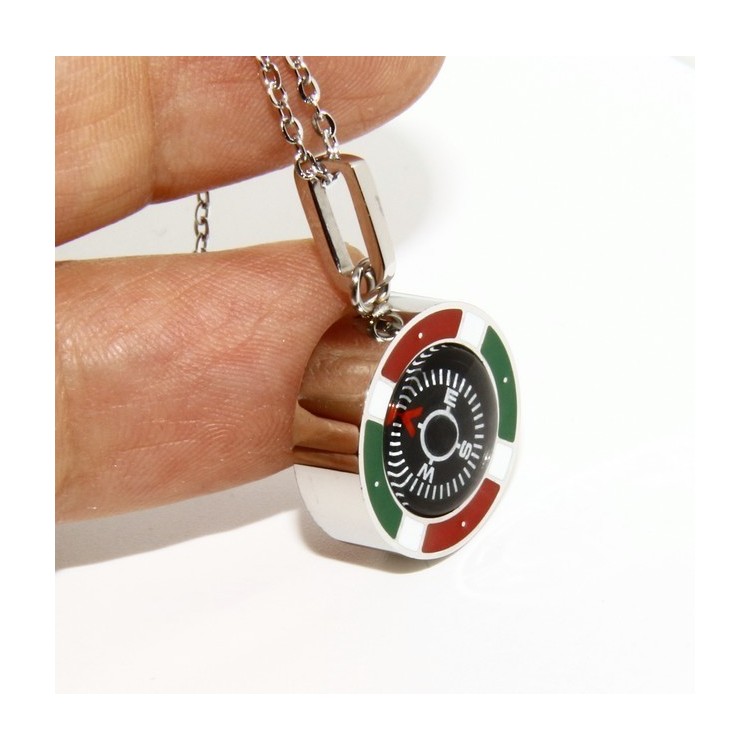 RMB|Steel: Exclusive necklace rolo 'man woman pendant Italian flag and compass