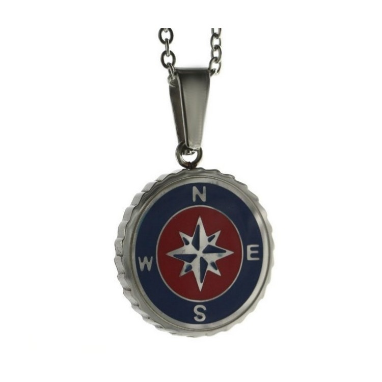 RMB|Acciaio : collana forzatina con pendente tondo rosa dei venti smaltato rosso blu