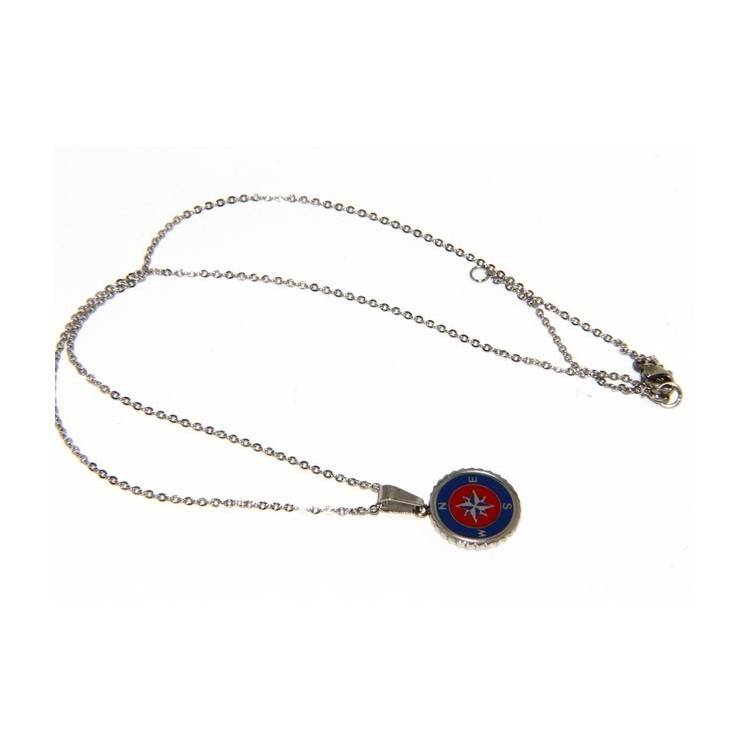 RMB|Acciaio : collana forzatina con pendente tondo rosa dei venti smaltato rosso blu