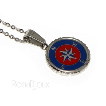 RMB|Acciaio : collana forzatina con pendente tondo rosa dei venti smaltato rosso blu