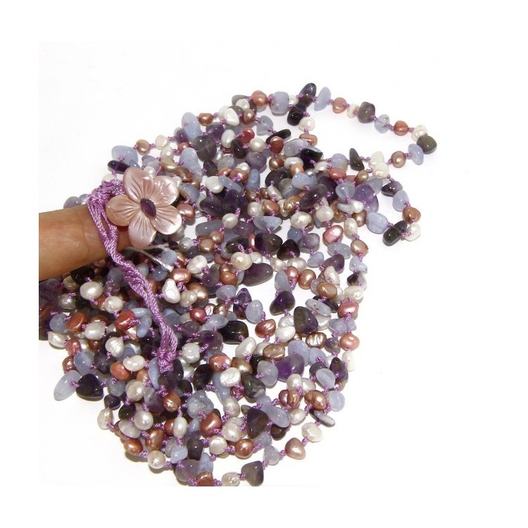 RMB|Collana da Donna collier cleopatra 8 fili ametista calcedonio e perle naturali