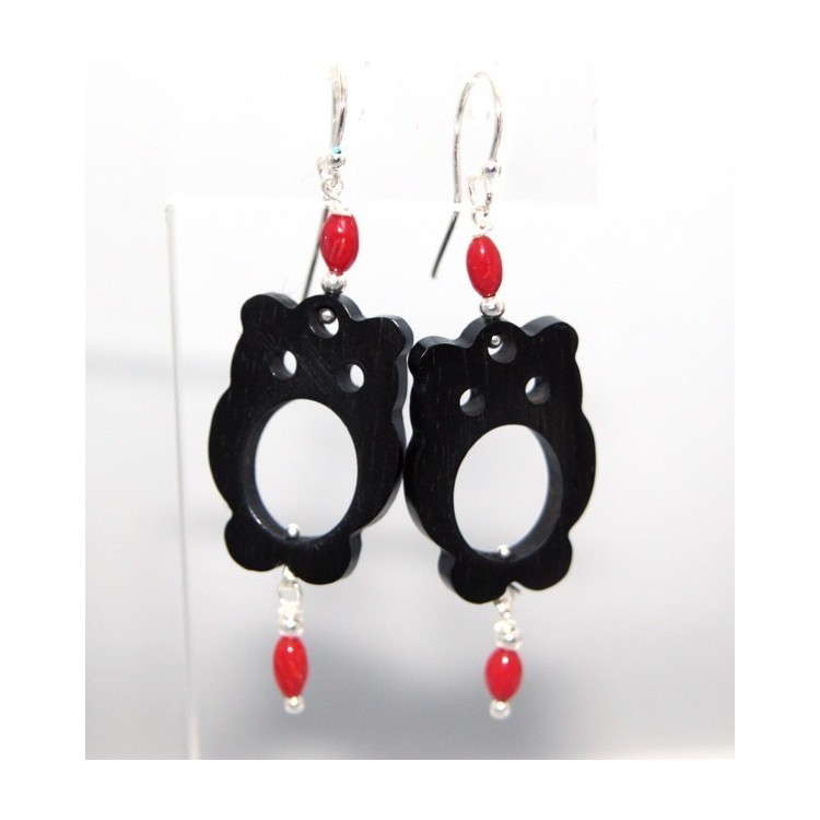 RMB|Women's earrings 925 stamped silver ebony owl and natural red coral beads