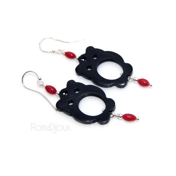 RMB|Orecchini donna Argento 925 gufo in ebano e perle di corallo naturale rosso