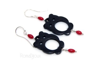 RMB|Orecchini donna Argento 925 gufo in ebano e perle di corallo naturale rosso