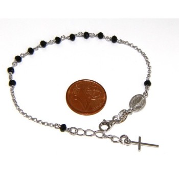 RMB|Bracciale rosario uomo donna in Argento 925 madonna miracolosa , croce e perle cristallo nero 17,00 - 20,00 cm
