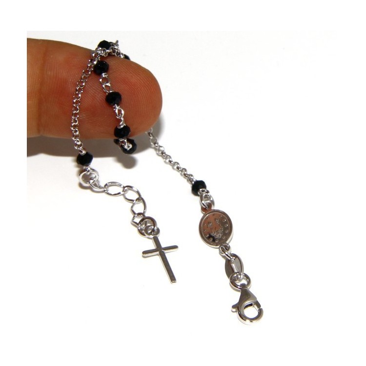 RMB|Bracciale rosario uomo donna in Argento 925 madonna miracolosa , croce e perle cristallo nero 17,00 - 20,00 cm
