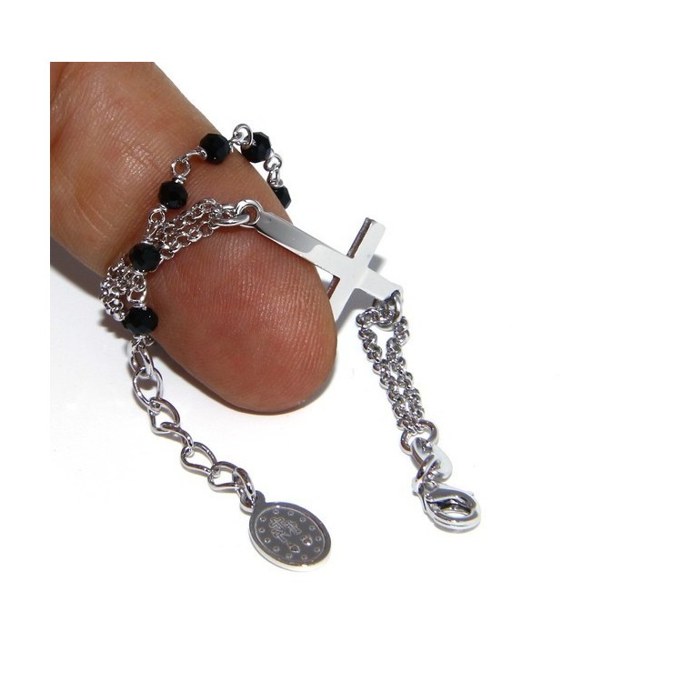 RMB|Bracciale rosario uomo donna in Argento 925 madonna miracolosa , croce convessa e cristallo nero . Mis 15,50 - 17,50