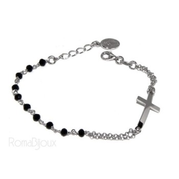 RMB|Bracciale rosario uomo donna in Argento 925 madonna miracolosa , croce convessa e cristallo nero . Mis 15,50 - 17,50