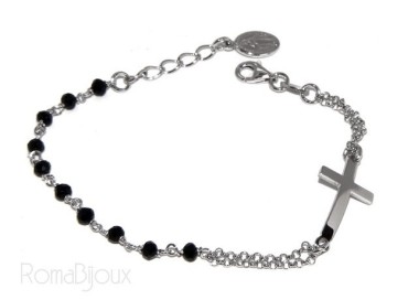 RMB|Bracciale rosario uomo donna in Argento 925 madonna miracolosa , croce convessa e cristallo nero . Mis 15,50 - 17,50