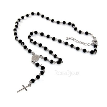 RMB|Rosary necklace man 925 With black crystal 4 mm cross and miraculous Madonna 44 + 5