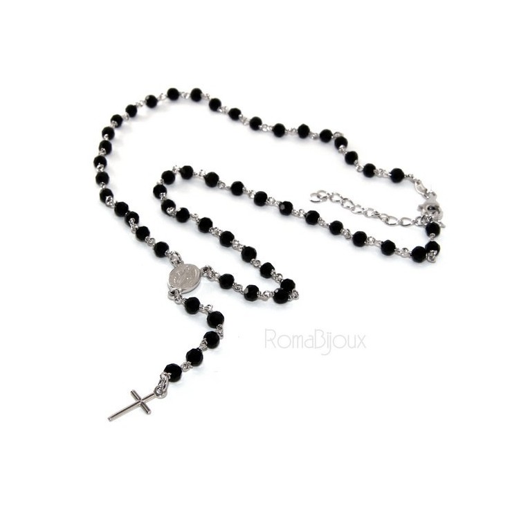 RMB|Rosary necklace man 925 With black crystal 4 mm cross and miraculous Madonna 44 + 5
