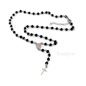 RMB|Collana Rosario uomo Argento 925 Con cristallo nero 4 mm croce e madonna miracolosa 44+5