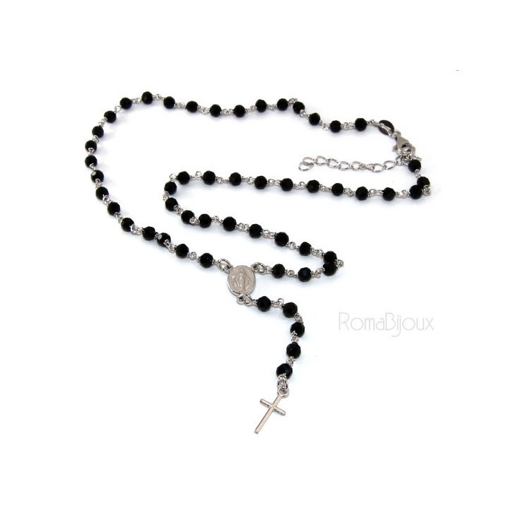 RMB|Rosary necklace man 925 With black crystal 4 mm cross and miraculous Madonna 44 + 5