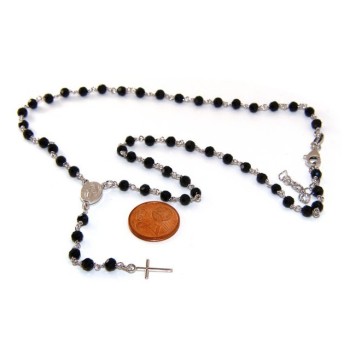 RMB|Collana Rosario uomo Argento 925 Con cristallo nero 4 mm croce e madonna miracolosa 44+5