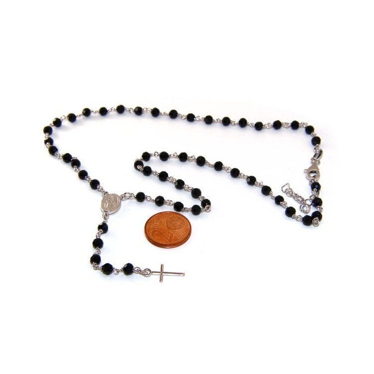 RMB|Rosary necklace man 925 With black crystal 4 mm cross and miraculous Madonna 44 + 5