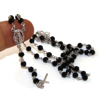 RMB|Collana Rosario uomo Argento 925 Con cristallo nero 4 mm croce e madonna miracolosa 44+5