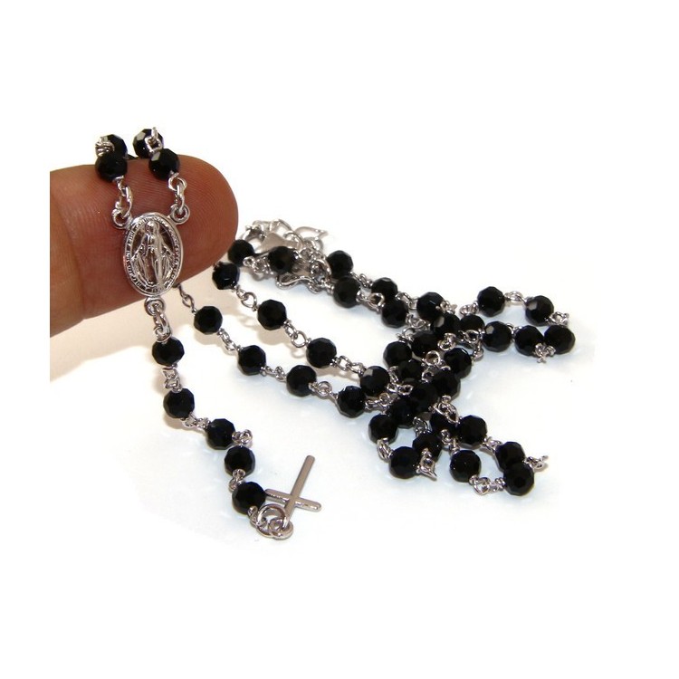 RMB|Rosary necklace man 925 With black crystal 4 mm cross and miraculous Madonna 44 + 5