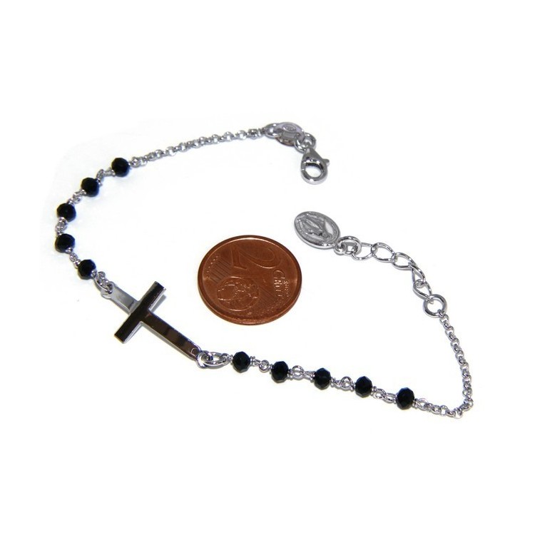 RMB|Bracciale rosario uomo in Argento 925 madonna miracolosa , croce convessa e cristallo nero . Mis 17,00 - 20.00