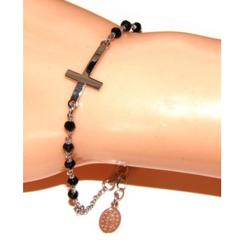 RMB|Bracciale rosario uomo in Argento 925 madonna miracolosa , croce convessa e cristallo nero . Mis 17,00 - 20.00