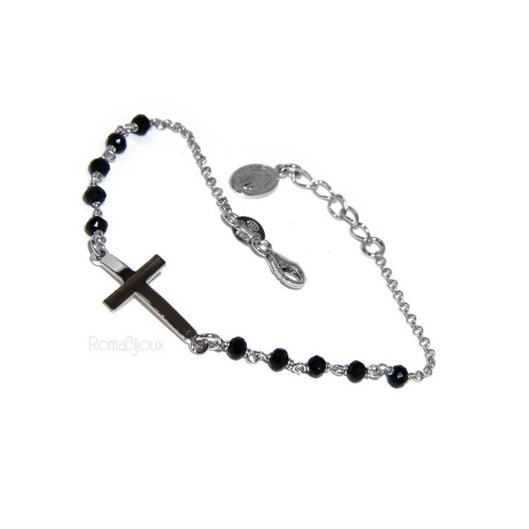 RMB|Bracciale rosario uomo in Argento 925 madonna miracolosa , croce convessa e cristallo nero . Mis 17,00 - 20.00