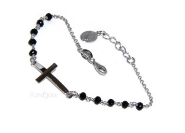 RMB|Bracciale rosario uomo in Argento 925 madonna miracolosa , croce convessa e cristallo nero . Mis 17,00 - 20.00