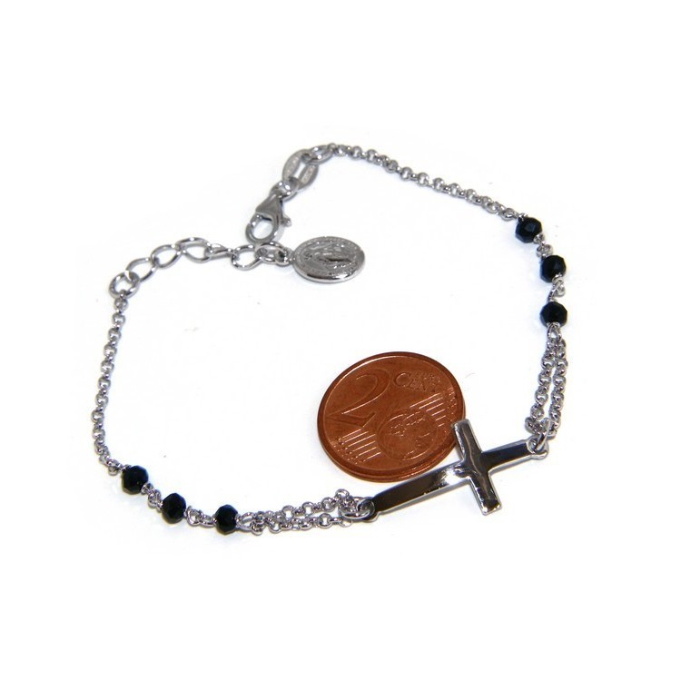 RMB|Bracciale rosario uomo in Argento 925 madonna miracolosa , croce convessa e cristallo nero . Mis 19,50