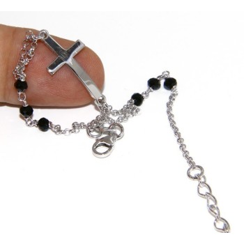 RMB|Bracciale rosario uomo in Argento 925 madonna miracolosa , croce convessa e cristallo nero . Mis 19,50