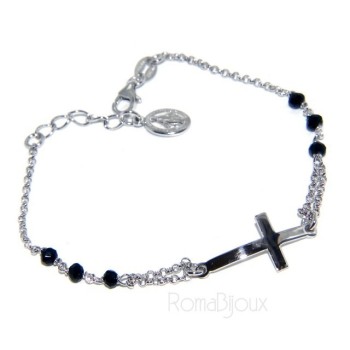 RMB|Bracciale rosario uomo in Argento 925 madonna miracolosa , croce convessa e cristallo nero . Mis 19,50