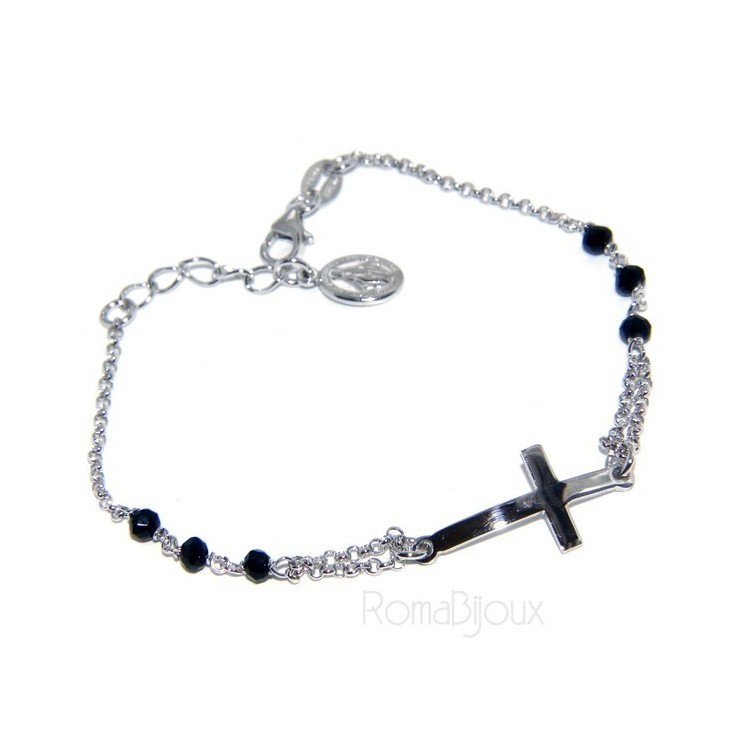 RMB|Bracciale rosario uomo in Argento 925 madonna miracolosa , croce convessa e cristallo nero . Mis 19,50