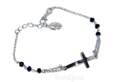 RMB|Bracciale rosario uomo in Argento 925 madonna miracolosa , croce convessa e cristallo nero . Mis 19,50