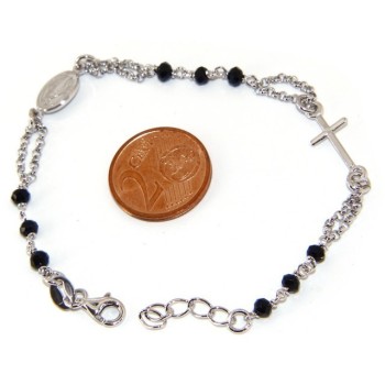 RMB|Bracciale rosario uomo donna Argento 925 madonna miracolosa , croce piccola e cristallo nero . Mis. 16,50 - 19,00
