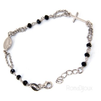 RMB|Bracciale rosario uomo donna Argento 925 madonna miracolosa , croce piccola e cristallo nero . Mis. 16,50 - 19,00