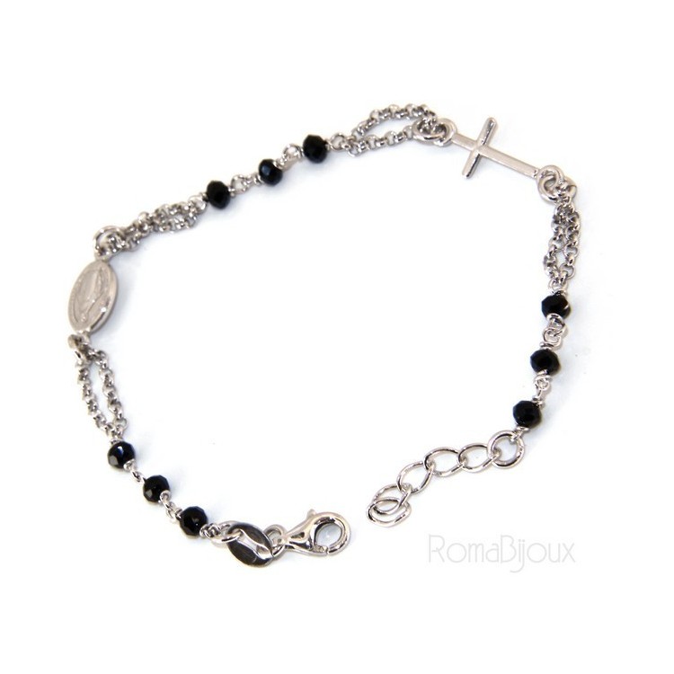 RMB|Bracciale rosario uomo donna Argento 925 madonna miracolosa , croce piccola e cristallo nero . Mis. 16,50 - 19,00