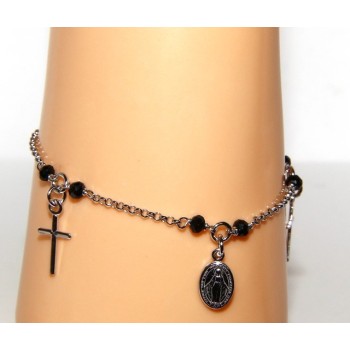 RMB|Bracciale rosario uomo donna Argento 925 cristallo nero , ciondoli croce madonna miracolosa cm 16,50 19,00