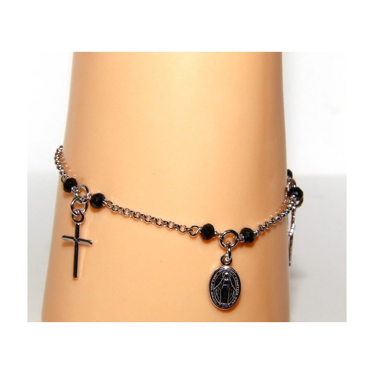 RMB|Bracciale rosario uomo donna Argento 925 cristallo nero , ciondoli croce madonna miracolosa cm 16,50 19,00