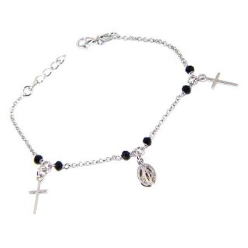 RMB|Bracciale rosario uomo donna Argento 925 cristallo nero , ciondoli croce madonna miracolosa cm 16,50 19,00