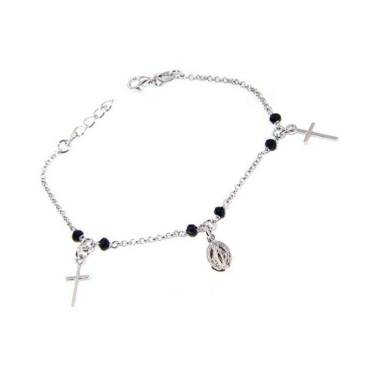 RMB|Bracciale rosario uomo donna Argento 925 cristallo nero , ciondoli croce madonna miracolosa cm 16,50 19,00