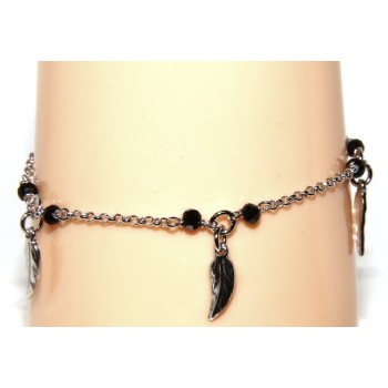 RMB|Bracciale lavorazione a rosario donna Argento 925 cristallo nero , ciondoli foglie