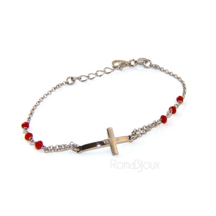 RMB|Bracciale rosario uomo donna in Argento 925 croce convessa e cristallo rosso . Mis 19,00